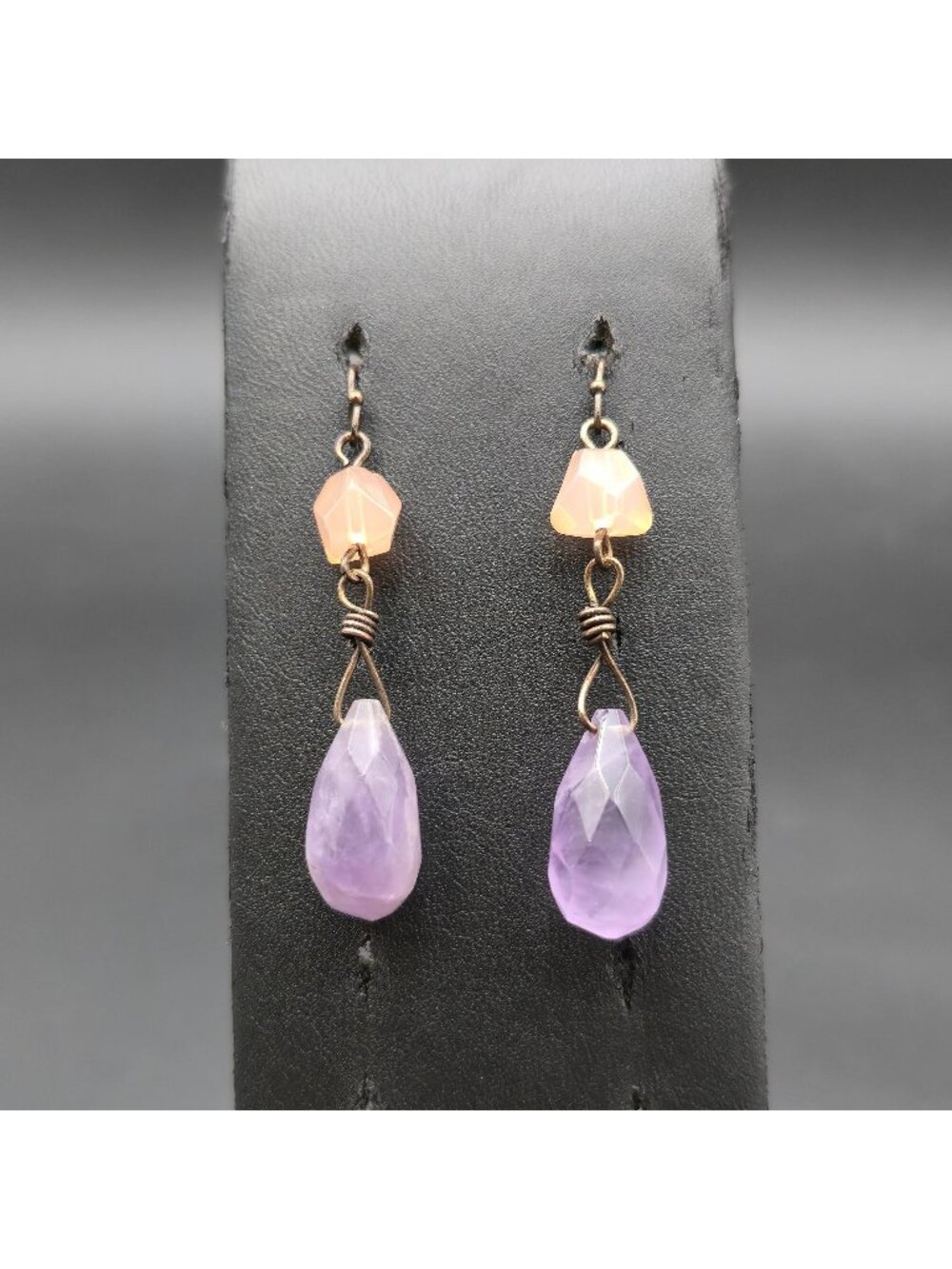 Wire Wrapped Faceted Amethyst and Peach Quartz Teardrop Dangle Earrings A8626
